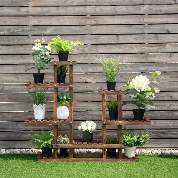 Etagère d’Affichage Support de Pot de Fleurs à 6 Niveaux Décalés en Bois de Sapin, 119x25x96cm, Naturel