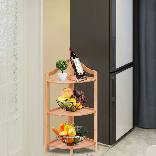 Etagère d’Angle en Bambou à 3 Niveaux Bonne Résistance à l’Humidité 33 x 33 x 85 cm
