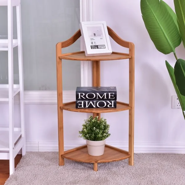 Etagère d’Angle en Bambou à 3 Niveaux Bonne Résistance à l’Humidité 33 x 33 x 85 cm