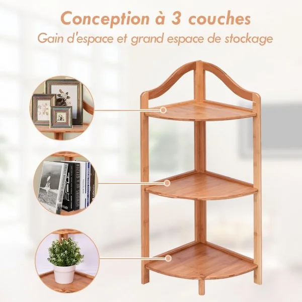 Etagère d’Angle en Bambou à 3 Niveaux Bonne Résistance à l’Humidité 33 x 33 x 85 cm