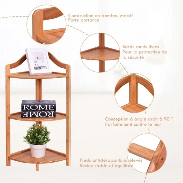 Etagère d’Angle en Bambou à 3 Niveaux Bonne Résistance à l’Humidité 33 x 33 x 85 cm