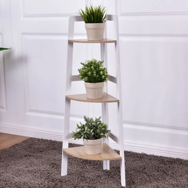 Etagère d'angle Meuble d'angle à 3 niveaux Bibliothèque Support de plantes en MDF, 32x32x103cm, Blanc-naturel