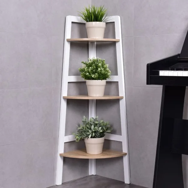Etagère d'angle Meuble d'angle à 3 niveaux Bibliothèque Support de plantes en MDF, 32x32x103cm, Blanc-naturel
