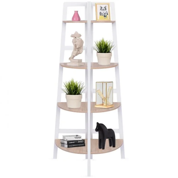 Etagère d'angle Meuble d'angle à 4 niveaux Bibliothèque Support de plantes en MDF, 32x32x138cm, Blanc-naturel