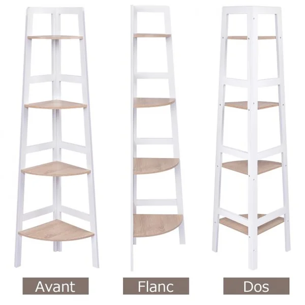 Etagère d'angle Meuble d'angle à 4 niveaux Bibliothèque Support de plantes en MDF, 32x32x138cm, Blanc-naturel