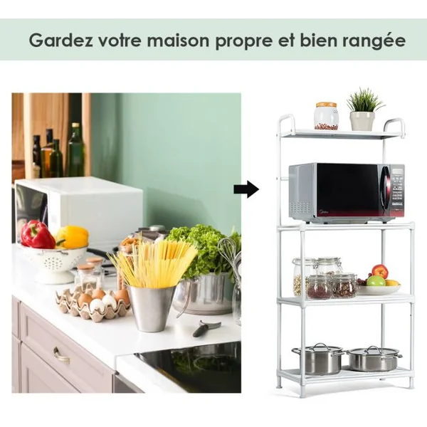 Etagère de Cuisine à 4 Niveaux Multifonctionnelle 60 x 34,5 x 136 CM Pieds Réglables Gris/Blanc/Noir