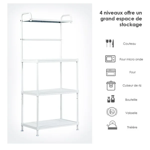 Etagère de Cuisine à 4 Niveaux Multifonctionnelle 60 x 34,5 x 136 CM Pieds Réglables Gris/Blanc/Noir