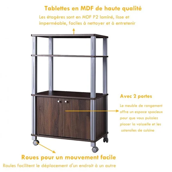 Etagère de Rangement Roulante Chariot de Cuisine Roulant pour Micro-ondes en Mdf 60x395x93-975cm 4 Couleurs au Choix