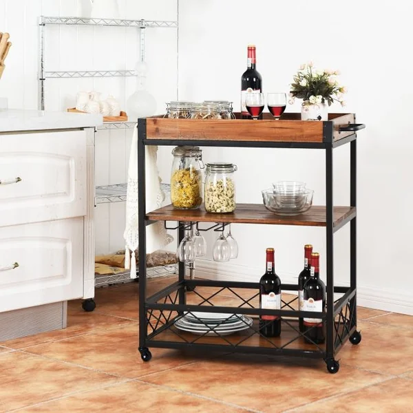 Etagère de Rangement Roulante Chariot de Cuisine Roulant à 3 Niveaux en Bois de Sapin & Métal 78x46x825cm Brun Foncé