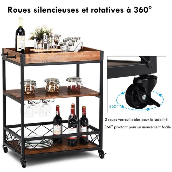 Etagère de Rangement Roulante Chariot de Cuisine Roulant à 3 Niveaux en Bois de Sapin & Métal 78x46x825cm Brun Foncé