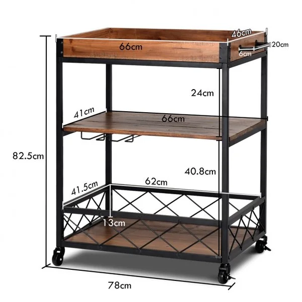 Etagère de Rangement Roulante Chariot de Cuisine Roulant à 3 Niveaux en Bois de Sapin & Métal 78x46x825cm Brun Foncé