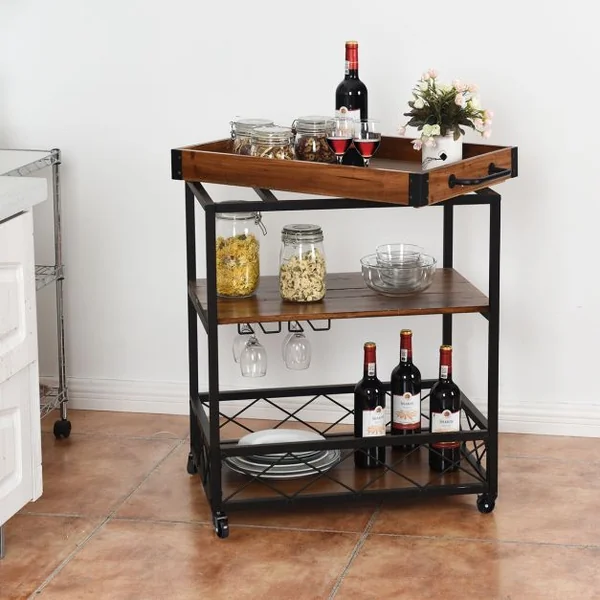 Etagère de Rangement Roulante Chariot de Cuisine Roulant à 3 Niveaux en Bois de Sapin & Métal 78x46x825cm Brun Foncé