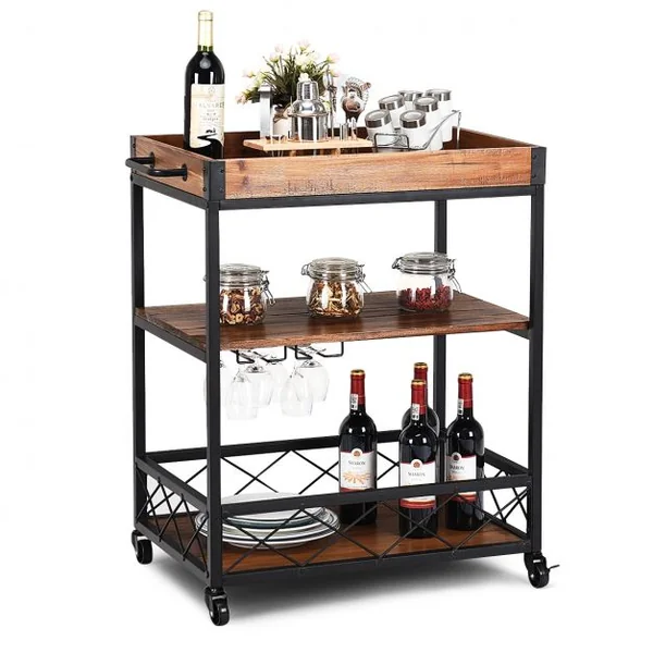 Etagère de Rangement Roulante Chariot de Cuisine Roulant à 3 Niveaux en Bois de Sapin & Métal 78x46x825cm Brun Foncé