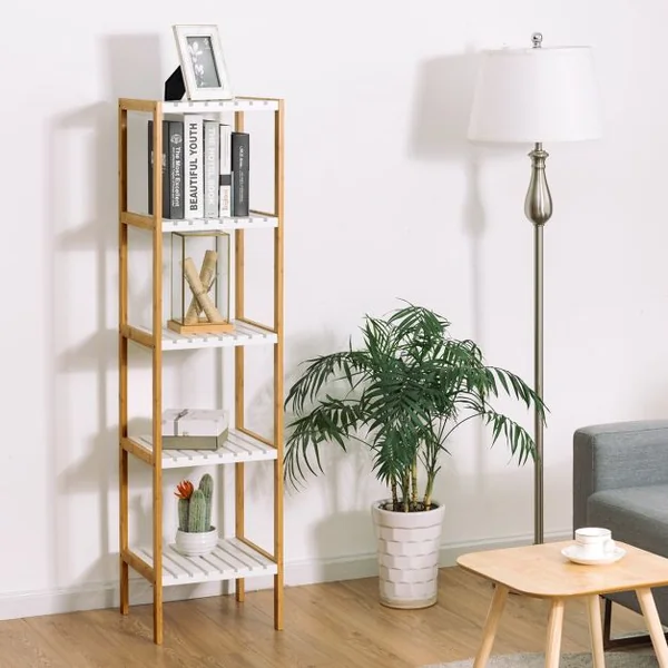 Etagère de Rangement à 5 Niveaux pour Salle de Bain Salon Balcon en Bambou et MDF, 34x33x140cm, Blanc/Naturel