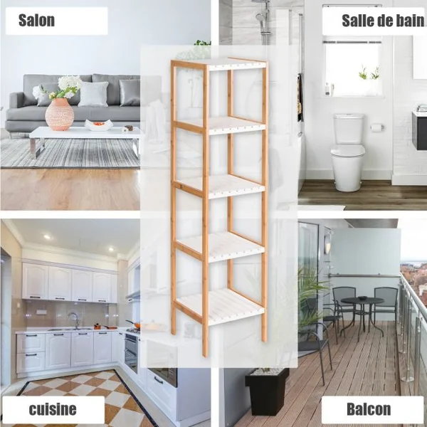 Etagère de Rangement à 5 Niveaux pour Salle de Bain Salon Balcon en Bambou et MDF, 34x33x140cm, Blanc/Naturel