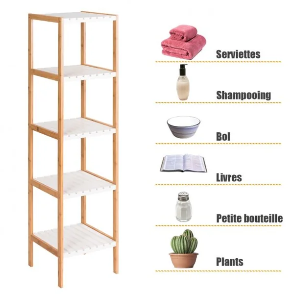 Etagère de Rangement à 5 Niveaux pour Salle de Bain Salon Balcon en Bambou et MDF, 34x33x140cm, Blanc/Naturel