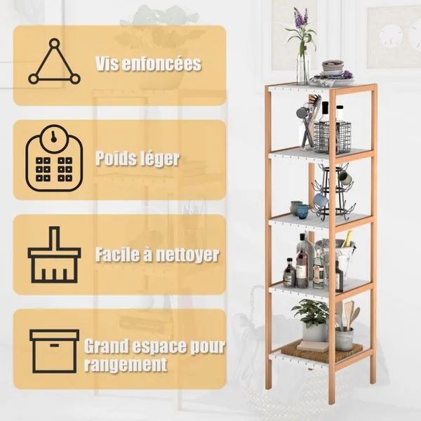 Etagère de Rangement à 5 Niveaux pour Salle de Bain Salon Balcon en Bambou et MDF, 34x33x140cm, Blanc/Naturel