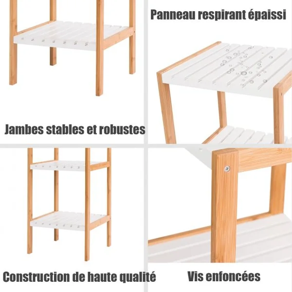 Etagère de Rangement à 5 Niveaux pour Salle de Bain Salon Balcon en Bambou et MDF, 34x33x140cm, Blanc/Naturel