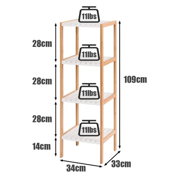 Etagère de Rangement à 5 Niveaux pour Salle de Bain Salon Balcon en Bambou et MDF, 34x33x140cm, Blanc/Naturel