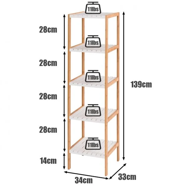 Etagère de Rangement à 5 Niveaux pour Salle de Bain Salon Balcon en Bambou et MDF, 34x33x140cm, Blanc/Naturel