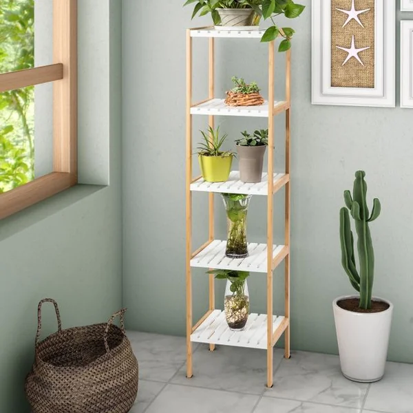 Etagère de Rangement à 5 Niveaux pour Salle de Bain Salon Balcon en Bambou et MDF, 34x33x140cm, Blanc/Naturel