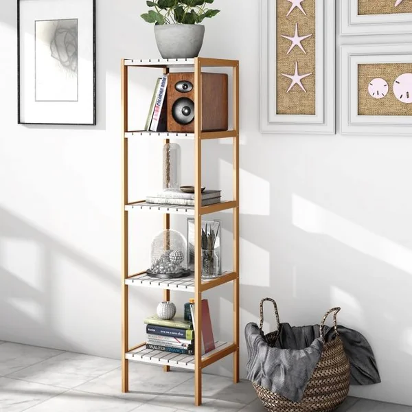Etagère de Rangement à 5 Niveaux pour Salle de Bain Salon Balcon en Bambou et MDF, 34x33x140cm, Blanc/Naturel