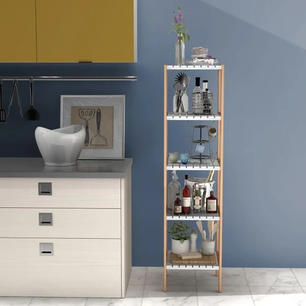 Etagère de Rangement à 5 Niveaux pour Salle de Bain Salon Balcon en Bambou et MDF, 34x33x140cm, Blanc/Naturel
