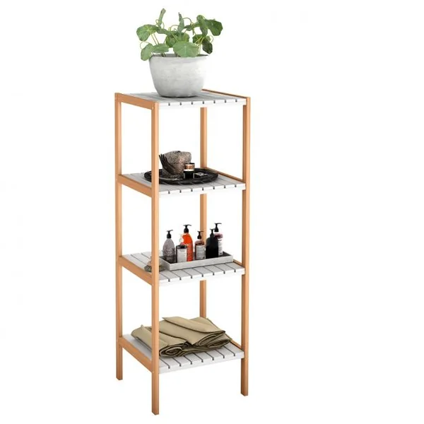 Etagère de Rangement à 5 Niveaux pour Salle de Bain Salon Balcon en Bambou et MDF, 34x33x140cm, Blanc/Naturel