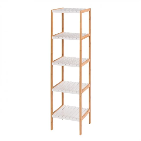 Etagère de Rangement à 5 Niveaux pour Salle de Bain Salon Balcon en Bambou et MDF, 34x33x140cm, Blanc/Naturel