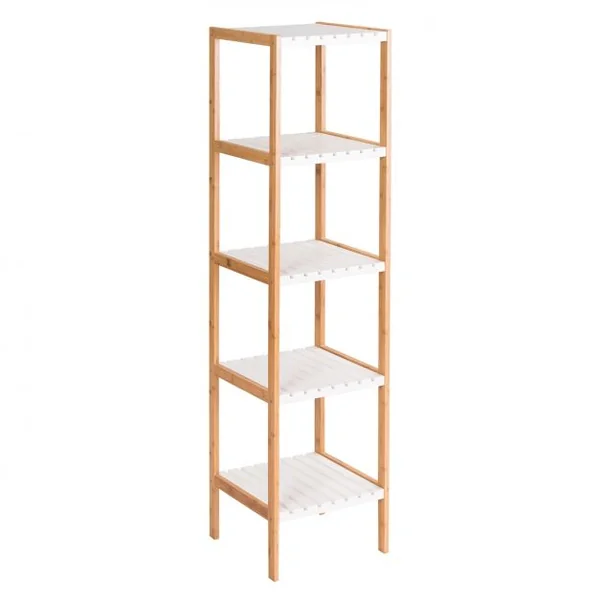 Etagère de Rangement à 5 Niveaux pour Salle de Bain Salon Balcon en Bambou et MDF, 34x33x140cm, Blanc/Naturel
