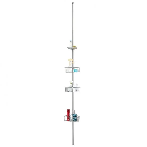 Etagère de salle de bain télescopique en acier inoxydable Etagère d’angle, Hauteur réglable, 22x22x215-273 cm, Argenté