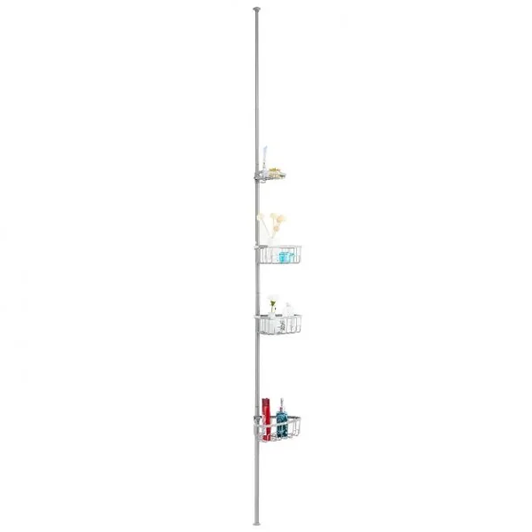 Etagère de salle de bain télescopique en acier inoxydable Etagère d’angle, Hauteur réglable, 22x22x215-273 cm, Argenté
