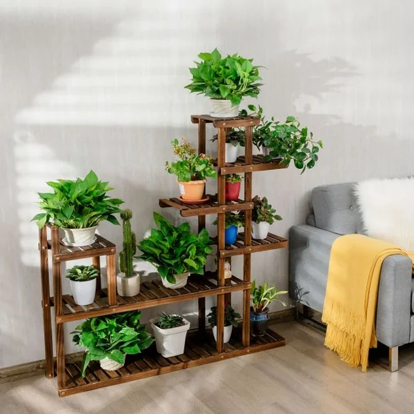 Etagère en Bois en 7 Niveaux Meuble Décoratif Multifonctionnel pour Intérieur et Extérieur 120x25x120cm Marron
