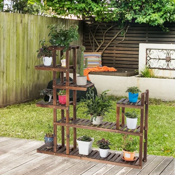 Etagère en Bois en 7 Niveaux Meuble Décoratif Multifonctionnel pour Intérieur et Extérieur 120x25x120cm Marron