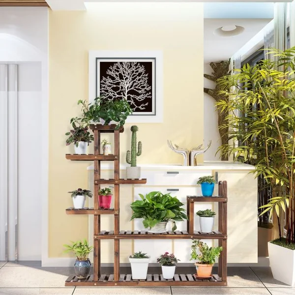 Etagère en Bois en 7 Niveaux Meuble Décoratif Multifonctionnel pour Intérieur et Extérieur 120x25x120cm Marron