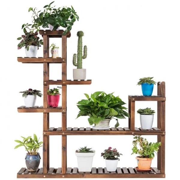 Etagère en Bois en 7 Niveaux Meuble Décoratif Multifonctionnel pour Intérieur et Extérieur 120x25x120cm Marron