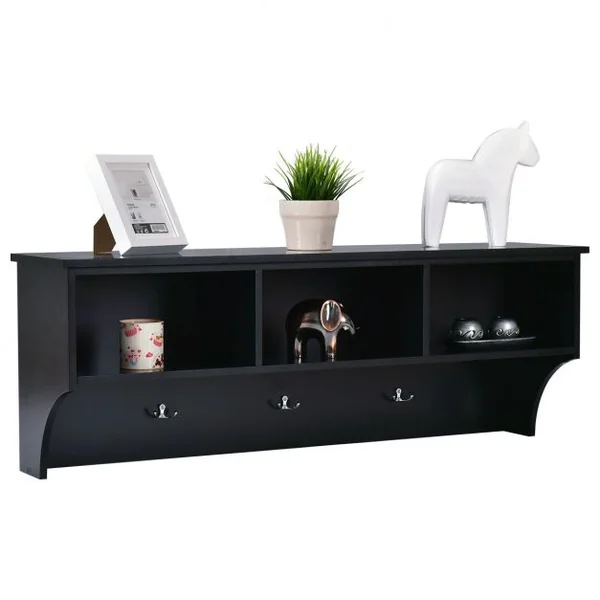 Etagère murale 3 porte-manteaux Meuble d’entrée, Salle de bain, Métal et MDF, 120 x 30 x 43 cm, Noir