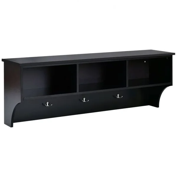 Etagère murale 3 porte-manteaux Meuble d’entrée, Salle de bain, Métal et MDF, 120 x 30 x 43 cm, Noir