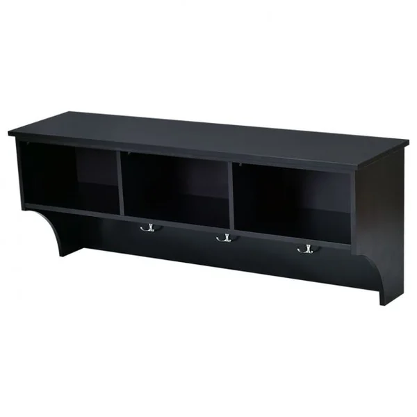 Etagère murale 3 porte-manteaux Meuble d’entrée, Salle de bain, Métal et MDF, 120 x 30 x 43 cm, Noir