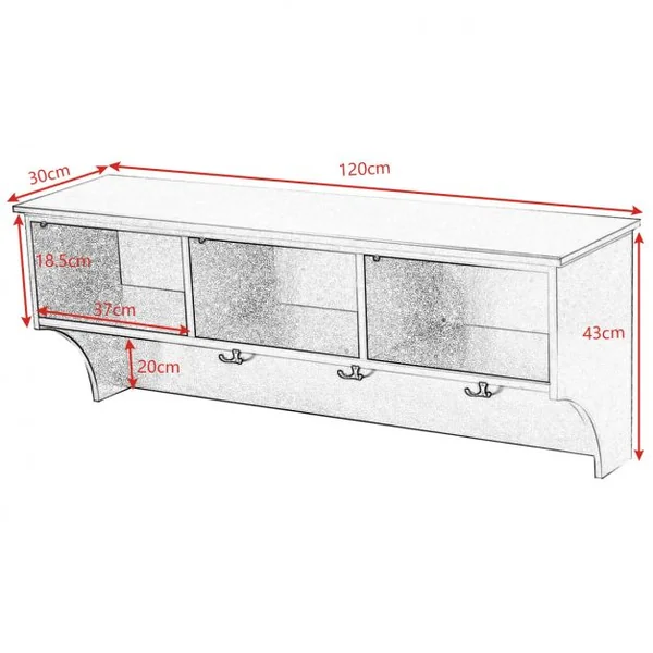 Etagère murale 3 porte-manteaux Meuble d’entrée, Salle de bain, Métal et MDF, 120 x 30 x 43 cm, Noir