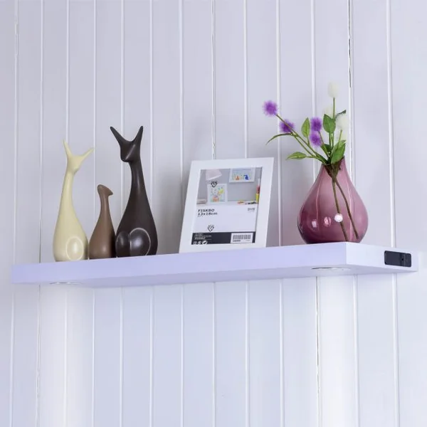 Etagère murale avec éclairage LED en MDF+PVC Tablette murale avec 2 spots LED de 1 Watt, 80 x 24 x 4 cm, Blanc