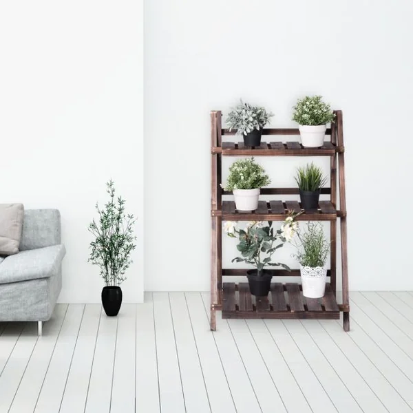Etagère Pliable pour Plantes à 3 Niveaux de Largeurs Différentes Capacité 12 KG en Bois de Sapin 59x38x92 cm Marron