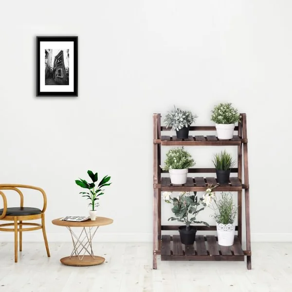 Etagère Pliable pour Plantes à 3 Niveaux de Largeurs Différentes Capacité 12 KG en Bois de Sapin 59x38x92 cm Marron