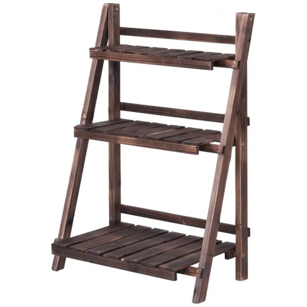 Etagère Pliable pour Plantes à 3 Niveaux de Largeurs Différentes Capacité 12 KG en Bois de Sapin 59x38x92 cm Marron
