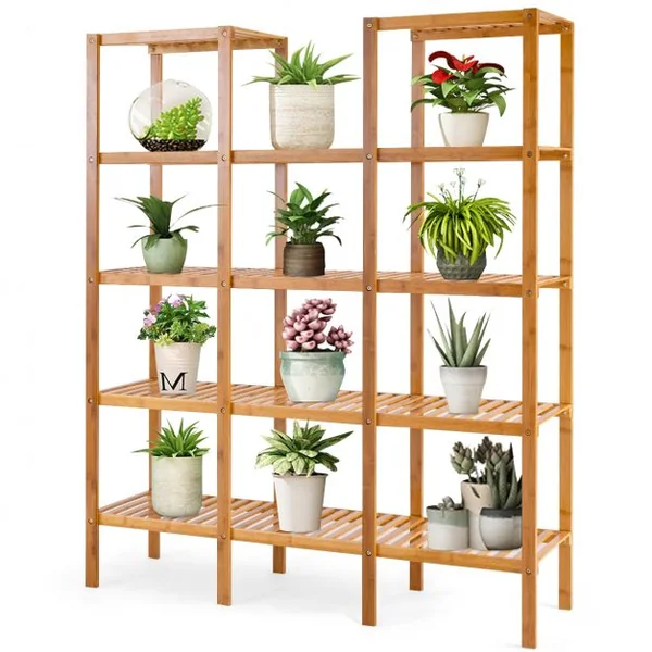 Etagère Porte Plante en Bambou à 5 Niveaux pour Intérieur et Extérieur 115 x 32 x 140 cm