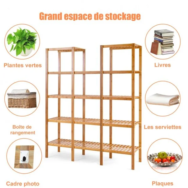 Etagère Porte Plante en Bambou à 5 Niveaux pour Intérieur et Extérieur 115 x 32 x 140 cm