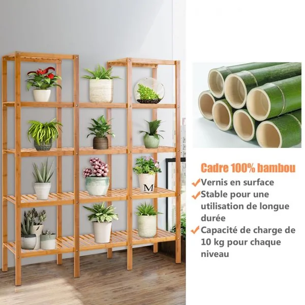 Etagère Porte Plante en Bambou à 5 Niveaux pour Intérieur et Extérieur 115 x 32 x 140 cm