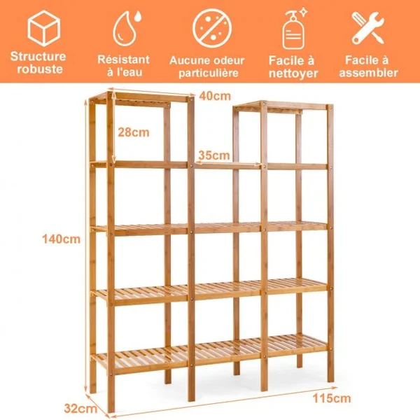 Etagère Porte Plante en Bambou à 5 Niveaux pour Intérieur et Extérieur 115 x 32 x 140 cm