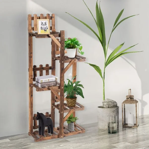 Etagère à 5 Niveaux Meuble Décoratif avec Cadre Stable et Robuste en Bois Massif Naturel 60x26x130 cm Marron