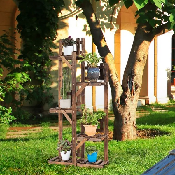 Etagère à 5 Niveaux Meuble Décoratif avec Cadre Stable et Robuste en Bois Massif Naturel 60x26x130 cm Marron
